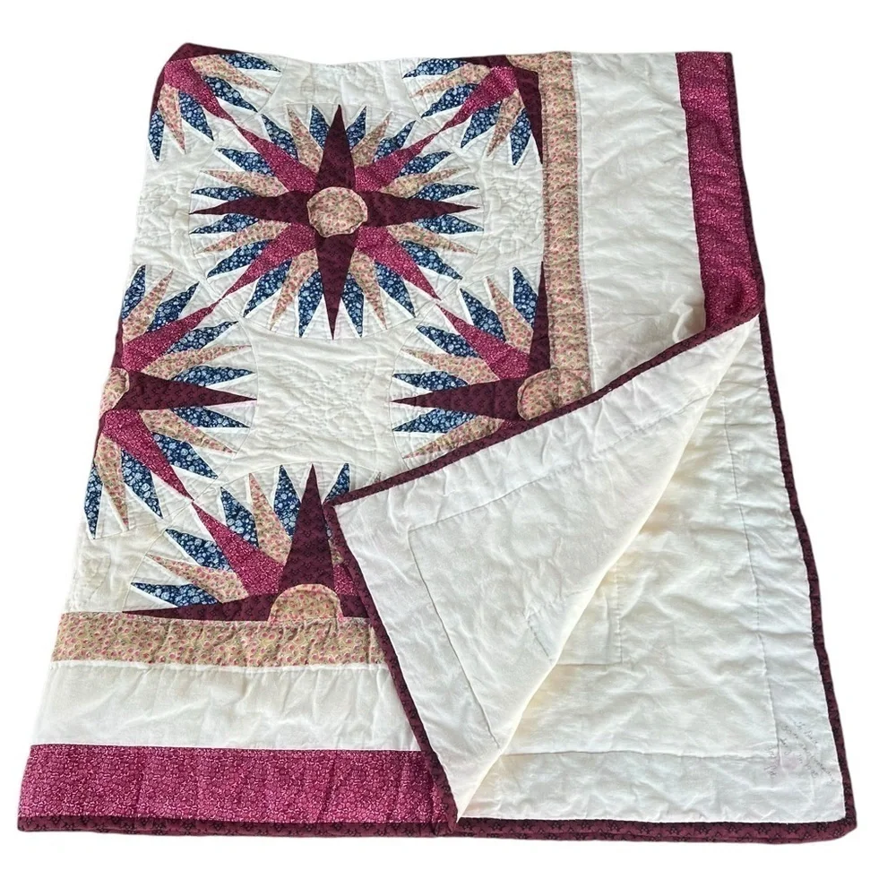 VTG Sunham Slashed Star Quilt Prairie Cottage Calico Floral Hand Quilted 65x81